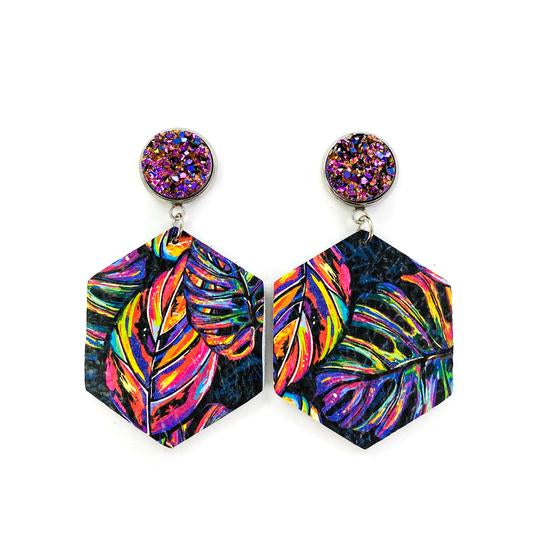 Neon Palm Druzy Earrings - Harper Renae Boutique