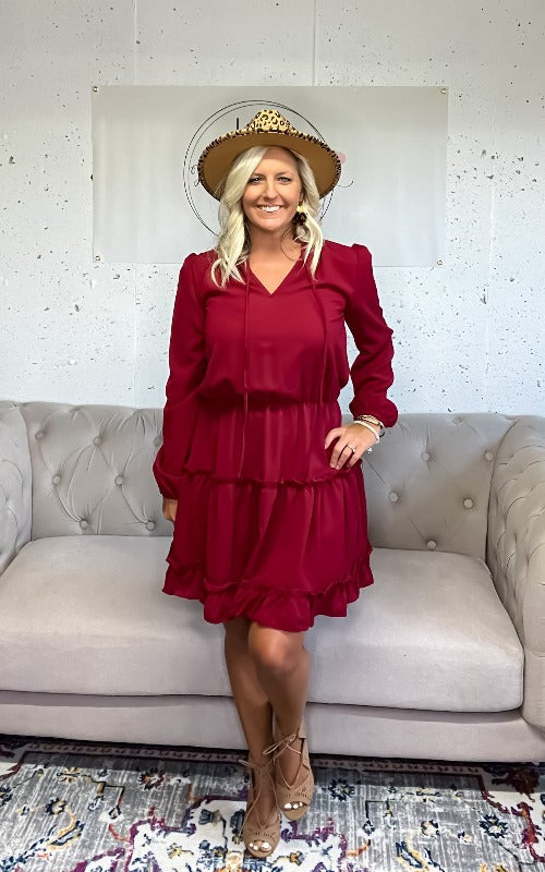 Think Of Me Ruffled Dress - Burgundy - Harper Renae Boutique