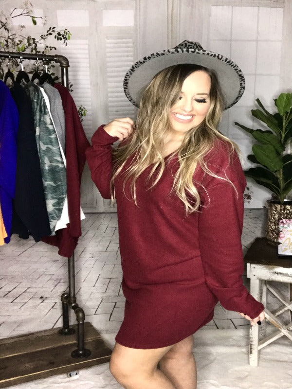 Own the Night Sweater Dress/Tunic - Burgundy - Harper Renae Boutique